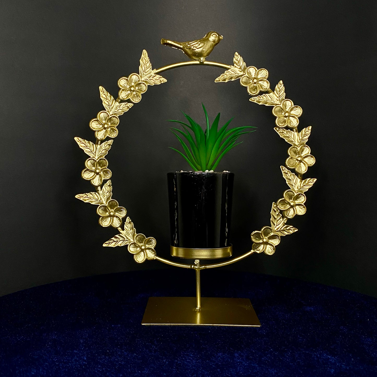 Gold Metal Birdy, Leaf and Flower Round Frame with Artificial Plant Ceramic Pot Decoration for Living Room, Dinning Room, Office desk, Home