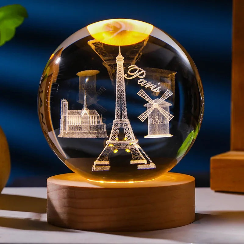 3D Crystal Ball Lamp | Night Light with Wooden Base | 3D Glass Ball Lamp | LED USB Table Lamp for Kids, Teens, Desktop and Home Decor, Luminous Crystal Ball