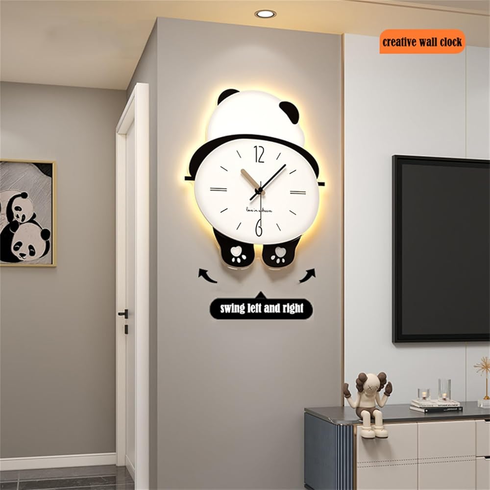 Panda Wall Clock, Cute Panda Shape Wall Clock with Pendulum and LED Light, Animal Swinging Silent Wall Clock Hanging Clock, Living Room and Kids Room, Home Decoration Hanging Clock for Birthday Party Gifts