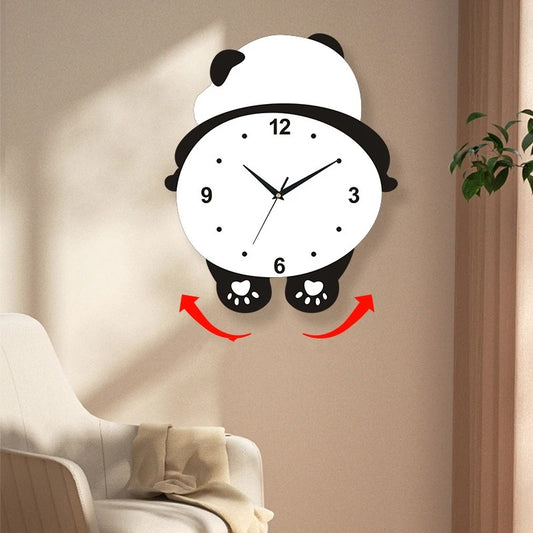 Posing Panda Wall Clock, Cute Panda Wall Clock with Pendulum and LED Light, Animal Swinging Silent Wall Clock Hanging Clock, Living Room and Kids Room, Home Decoration Hanging Clock for Birthday Party Gifts