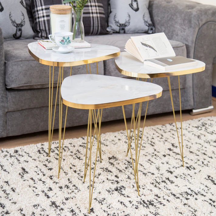 Round-Triangle Nesting Table Set, Golden Frame with Marble Pattern Wood for Luxurious Life Style