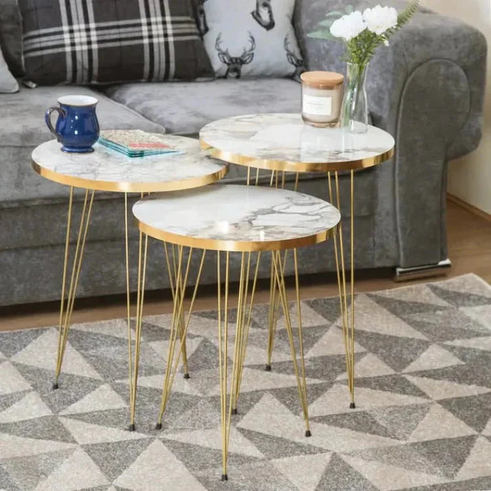 Round Nesting Table Set, Golden Frame with Marble Pattern Wood for Luxurious Life Style