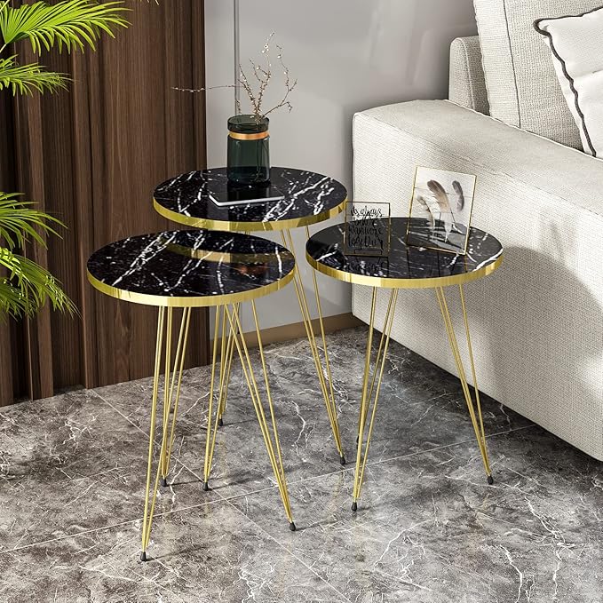 Round Nesting Table Set, Golden Frame with Marble Pattern Wood for Luxurious Life Style