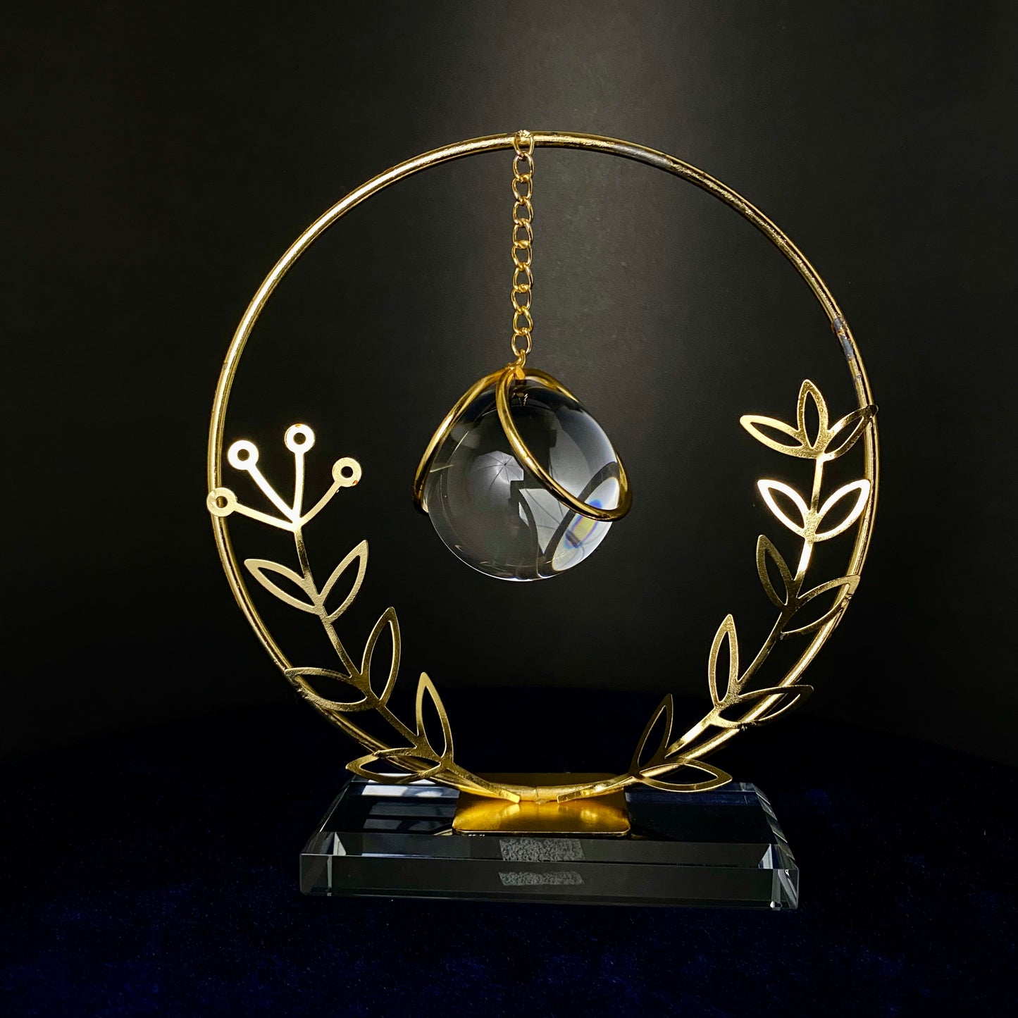 Gold Metal Round Shape Leaf Crystal Ball Decoration, Iron Art Hanging Crystal Ball for Living Room, Dinning Room, Office desk, Home