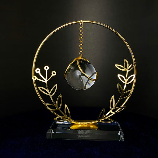 Gold Metal Round Shape Leaf Crystal Ball Decoration, Iron Art Hanging Crystal Ball for Living Room, Dinning Room, Office desk, Home