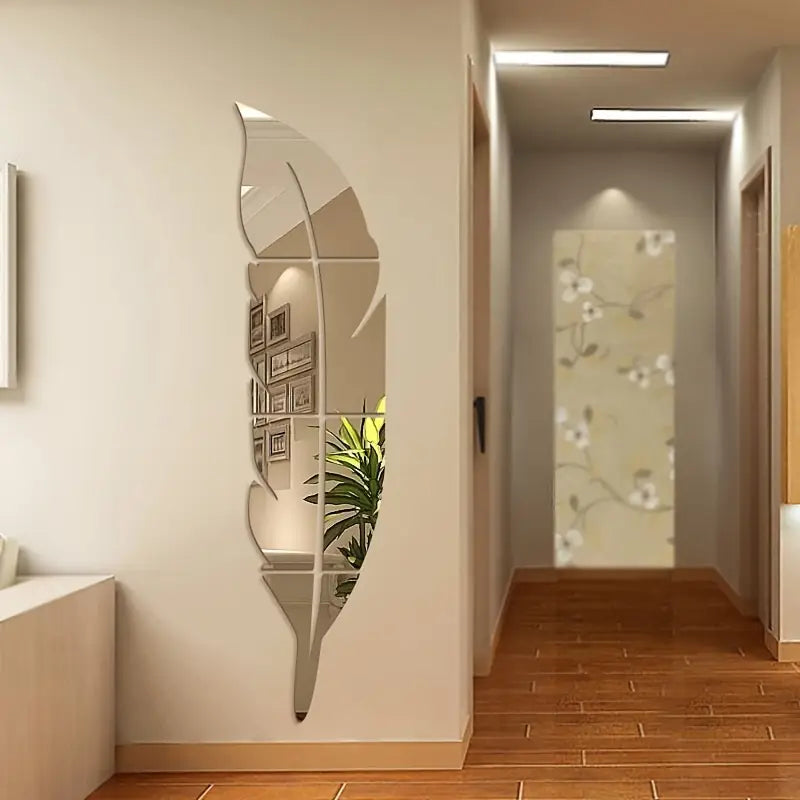 Silver Acrylic Feather Mirror Wall Sticker, Self Adhesive Art Decal Wall Decor, Living Room And Bedroom Wall Decor, Frameless Mirror Wall Sticker For Home Decorations