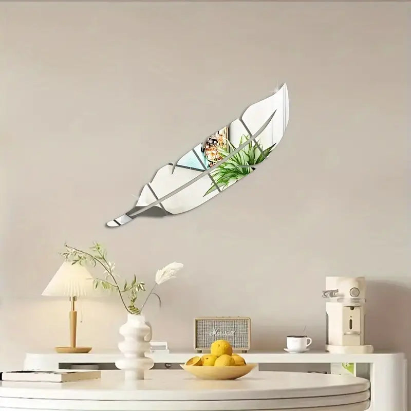 Silver Acrylic Feather Mirror Wall Sticker, Self Adhesive Art Decal Wall Decor, Living Room And Bedroom Wall Decor, Frameless Mirror Wall Sticker For Home Decorations