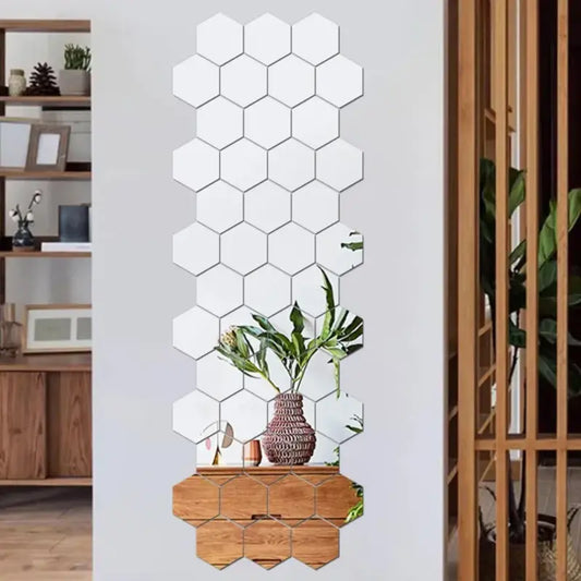 Silver Acrylic Hexagon Wall Decor Mirrors Frameless Acrylic Mirror Flexible and Unbreakable, Stick on Mirrors for Walls, Wardrobe Doors, Toilet, Bathroom, Bedrooms, Home, Gym Walls Decor