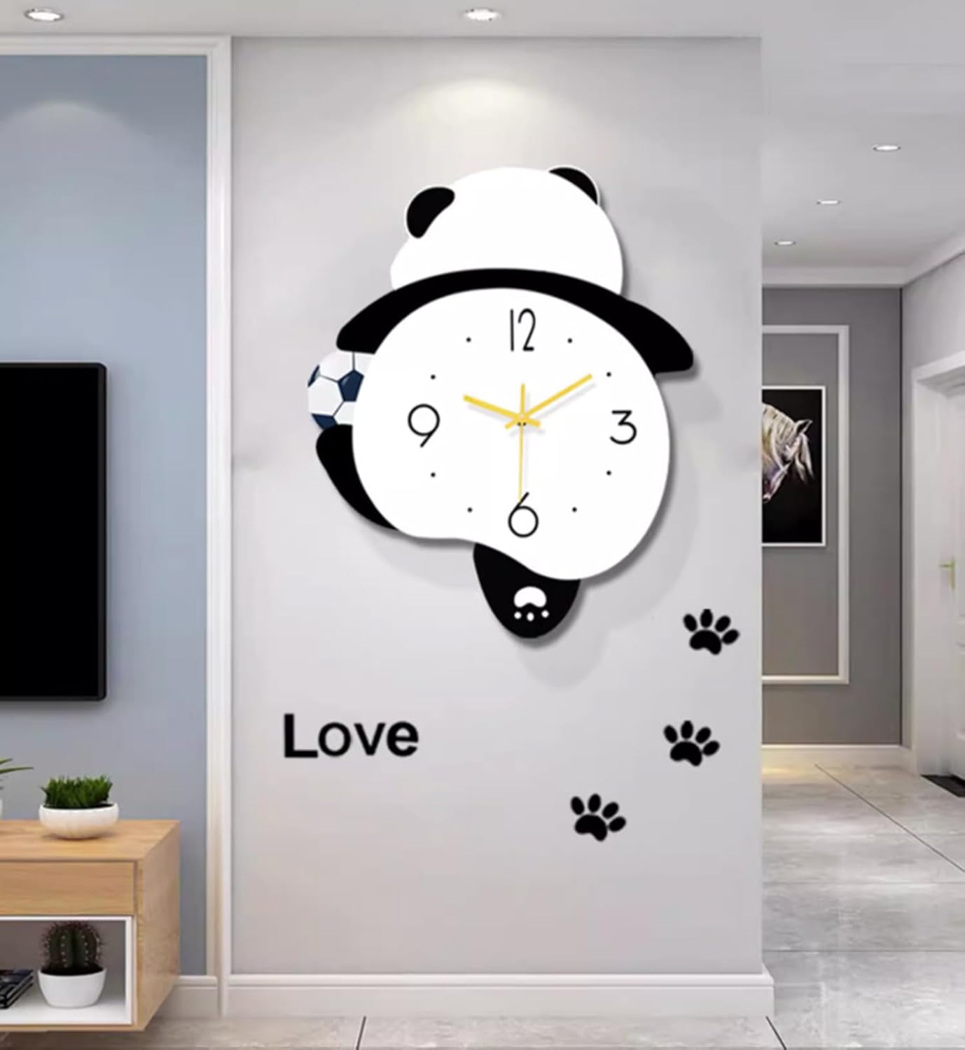 Soccer Panda Wall Clock, Football Playing Panda Wall Clock with Pendulum and LED Light, Animal Swinging Silent Wall Clock Hanging Clock, Living Room and Kids Room, Home Decoration Hanging Clock for Birthday Party Gifts