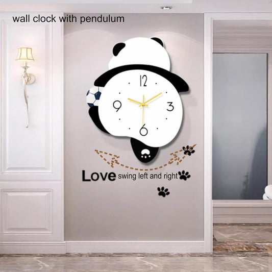 Soccer Panda Wall Clock, Football Playing Panda Wall Clock with Pendulum and LED Light, Animal Swinging Silent Wall Clock Hanging Clock, Living Room and Kids Room, Home Decoration Hanging Clock for Birthday Party Gifts