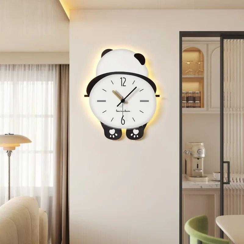 Panda Wall Clock, Cute Panda Shape Wall Clock with Pendulum and LED Light, Animal Swinging Silent Wall Clock Hanging Clock, Living Room and Kids Room, Home Decoration Hanging Clock for Birthday Party Gifts