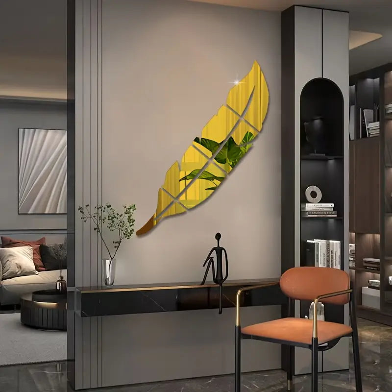 Golden Acrylic Feather Mirror Wall Sticker, Self Adhesive Art Decal Wall Decor, Living Room And Bedroom Wall Decor, Frameless Mirror Wall Sticker For Home Decorations