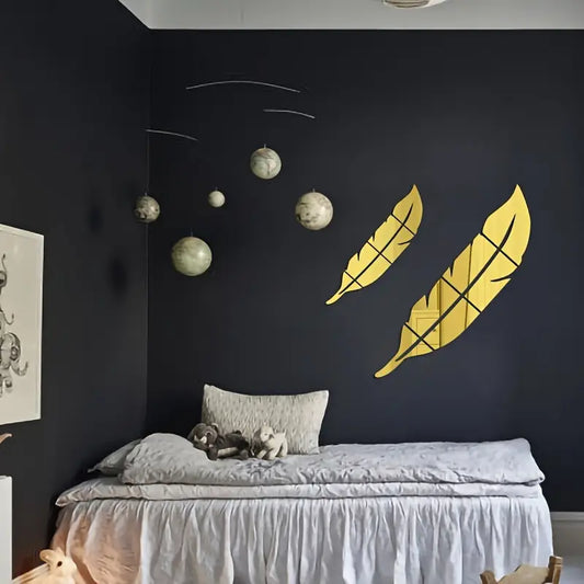 Golden Acrylic Feather Mirror Wall Sticker, Self Adhesive Art Decal Wall Decor, Living Room And Bedroom Wall Decor, Frameless Mirror Wall Sticker For Home Decorations