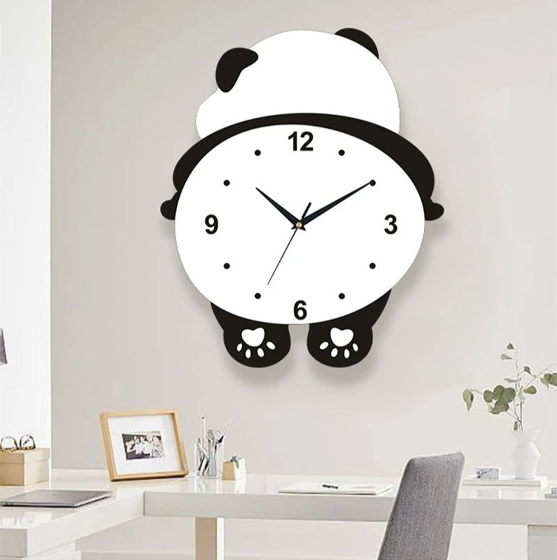 Posing Panda Wall Clock, Cute Panda Wall Clock with Pendulum and LED Light, Animal Swinging Silent Wall Clock Hanging Clock, Living Room and Kids Room, Home Decoration Hanging Clock for Birthday Party Gifts
