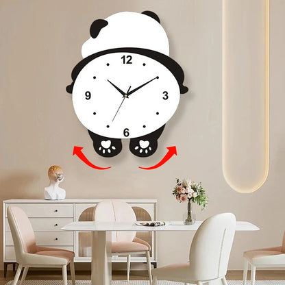 Posing Panda Wall Clock, Cute Panda Wall Clock with Pendulum and LED Light, Animal Swinging Silent Wall Clock Hanging Clock, Living Room and Kids Room, Home Decoration Hanging Clock for Birthday Party Gifts