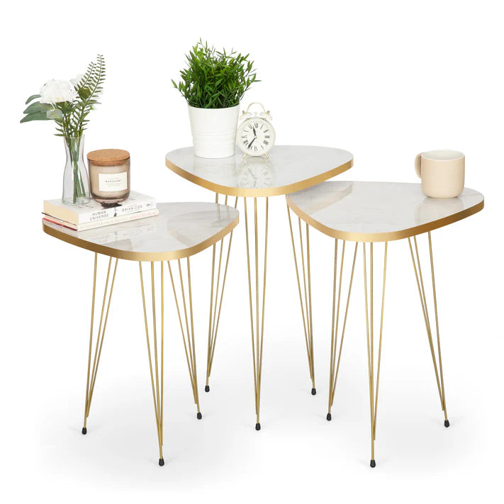 Round-Triangle Nesting Table Set, Golden Frame with Marble Pattern Wood for Luxurious Life Style