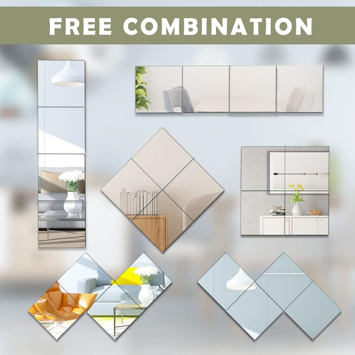 Square Acrylic Mirrors Frameless Acrylic Mirror Flexible and Unbreakable, Stick on Mirrors for Walls, Wardrobe Doors, Toilet, Bathroom, Bedrooms, Home, Gym Walls Decor